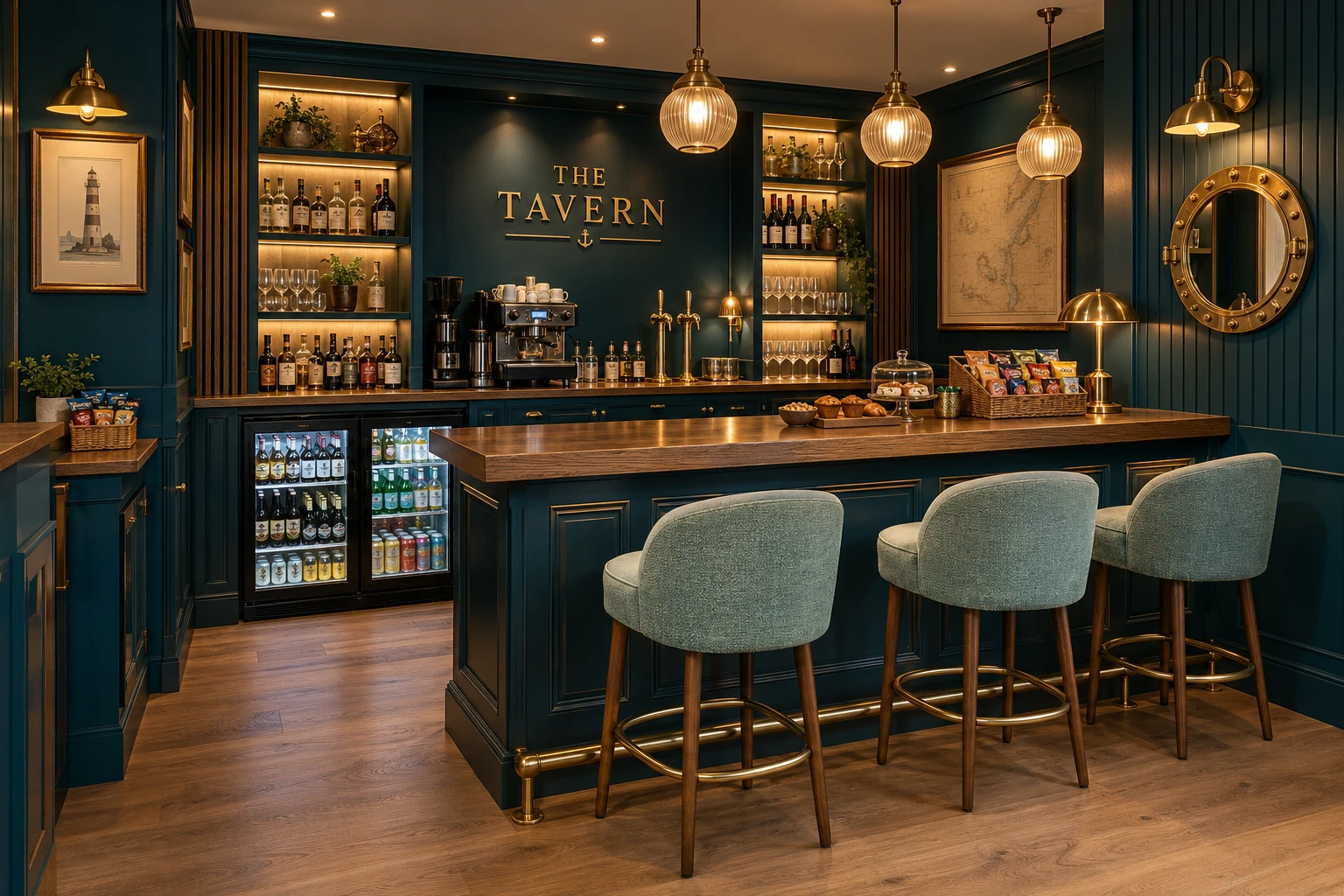 The Tavern bar at The Bay: green-panelled bar with brass lamps, bar stools, a coffee machine, beer taps and a drinks fridge
